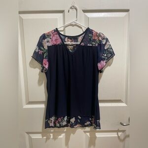 Atelier 29 Navy Floral Sheer Sleeve Blouse V-Neck Chiffon Top